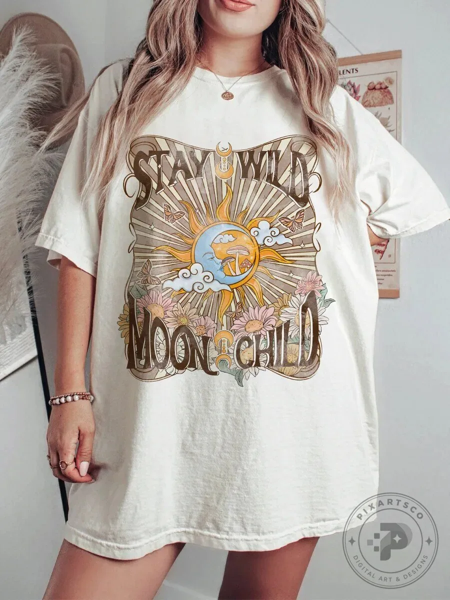 Boho Graphic T-Shirt Featuring Celestial Sun and Moon - Stay Wild Moon Child Design 1 Boho Graphic T-Shirt Featuring Celestial Sun and Moon - Stay Wild Moon Child Design