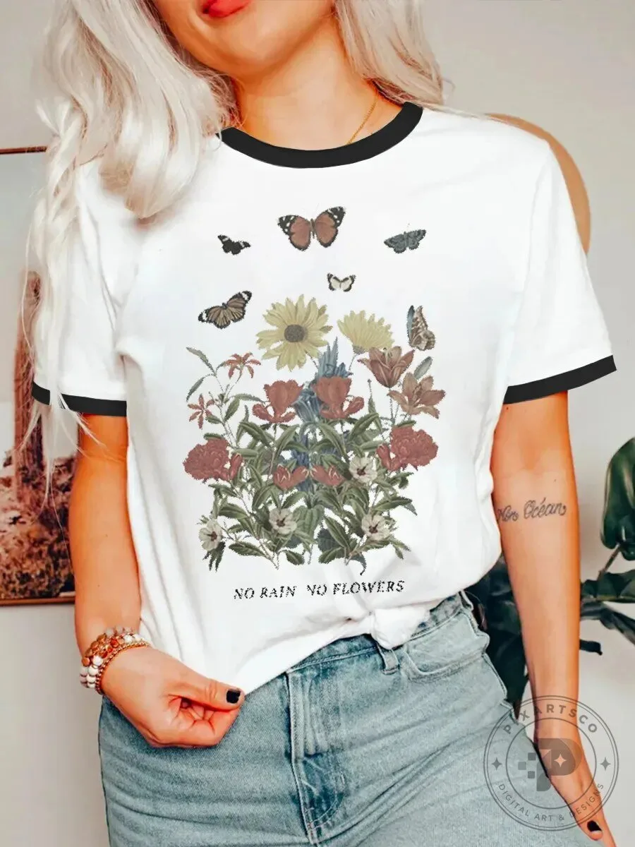 No Rain No Flowers Vintage Botanical Floral Butterfly Ringer T-Shirt 2 No Rain No Flowers Vintage Botanical Floral Butterfly Ringer T-Shirt