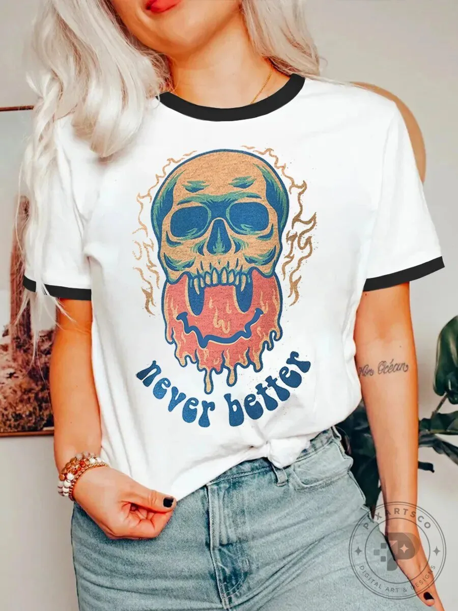 Vintage Never Better Skull Melt Graphic Ringer T-Shirt