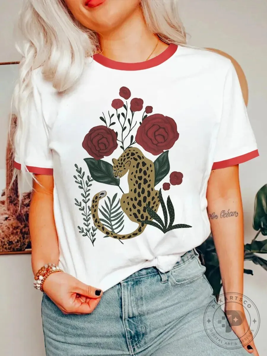 Leopard and Red Roses Floral Illustration Ringer T-Shirt