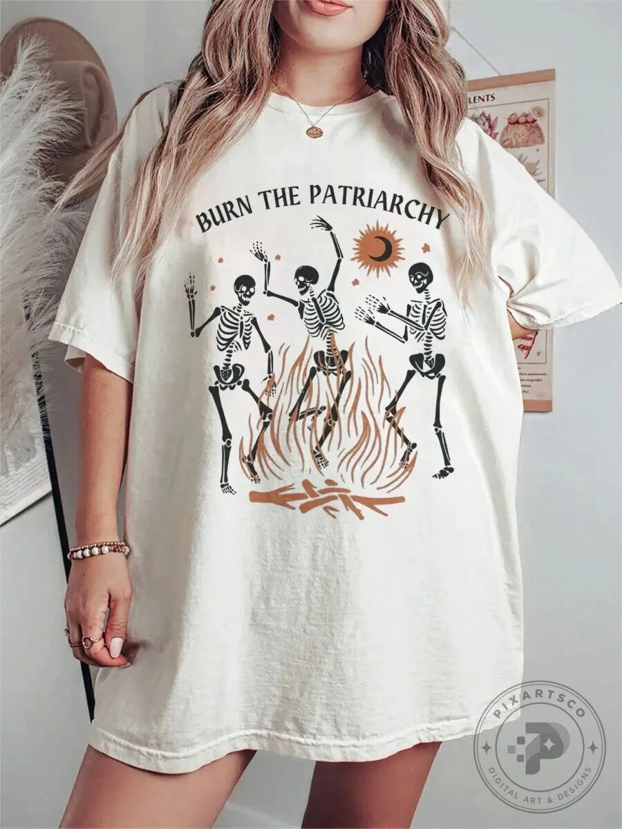 Burn The Patriarchy Dancing Skeletons Feminist Graphic T-Shirt